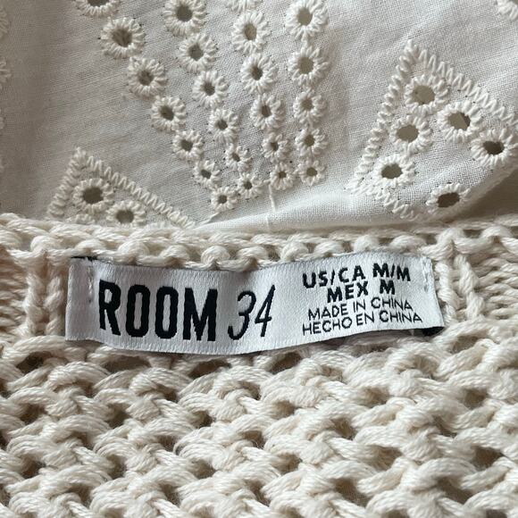 Room 34 Beige Crochet & Eyelet Lace Babydoll Tank Top MED Boho Festival Coquette - Picture 8 of 10